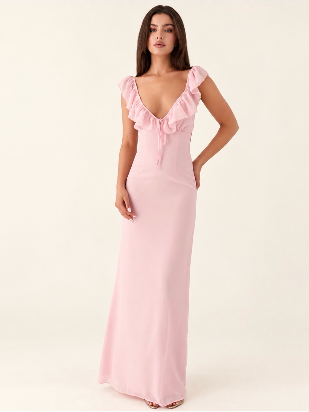 Peppermayo Pink Ruffle Open Back Maxi Dress US 6 Wedding Guest